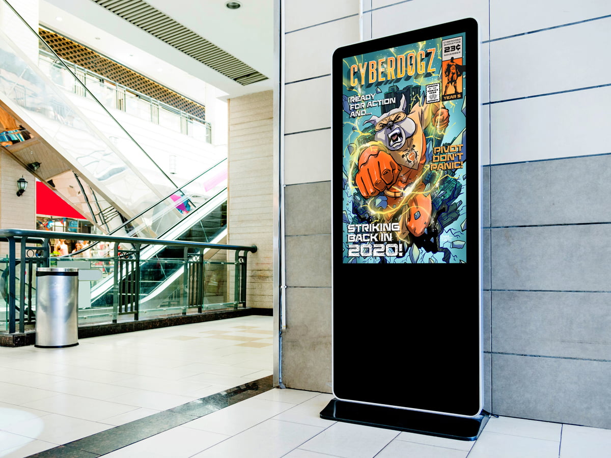 Cyberdogz_Portfolio_Custom_02 Digital advertising display in a mall showcasing a comic book style graphic.