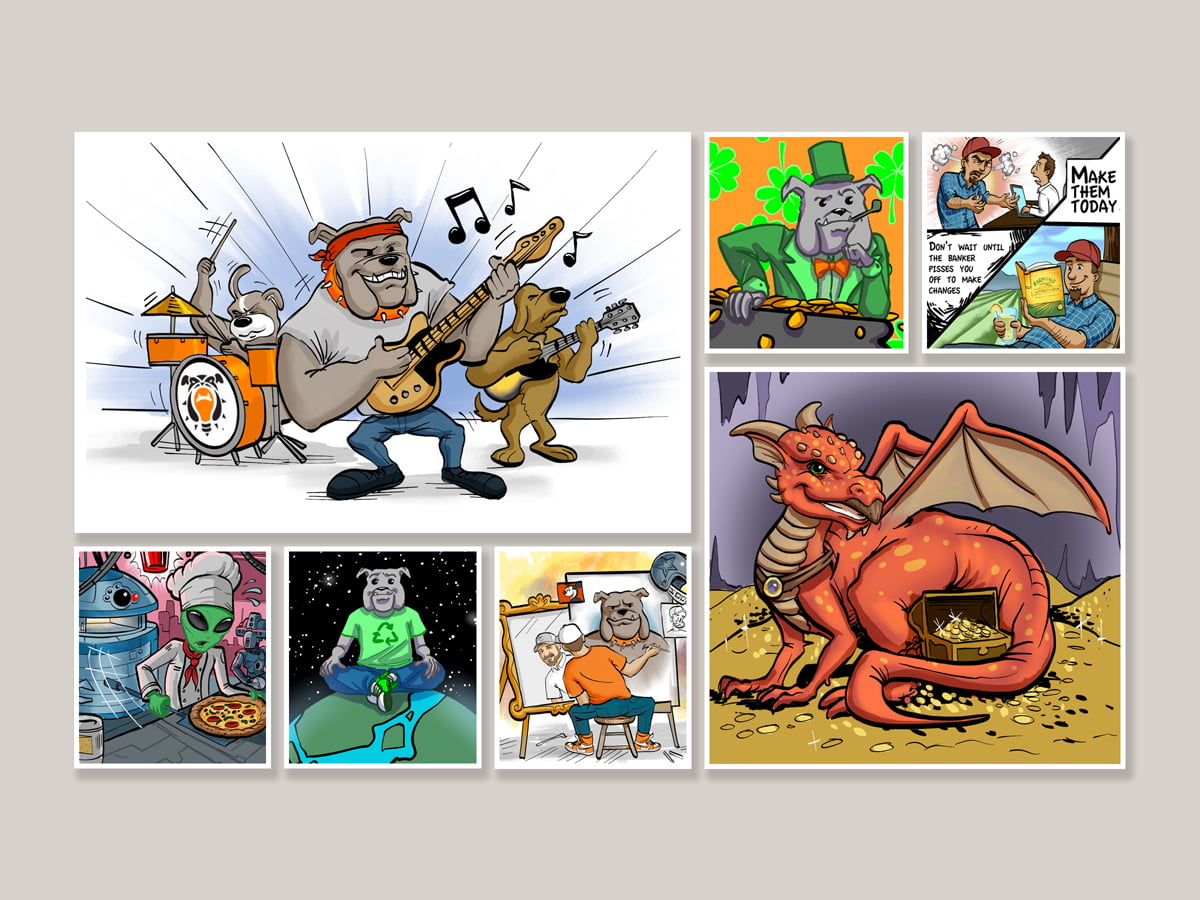 Cyberdogz_Portfolio_Custom_03 Comic-style panels featuring anthropomorphic animals playing music, celebrating, cooking, meditating, and treasure-hunting.