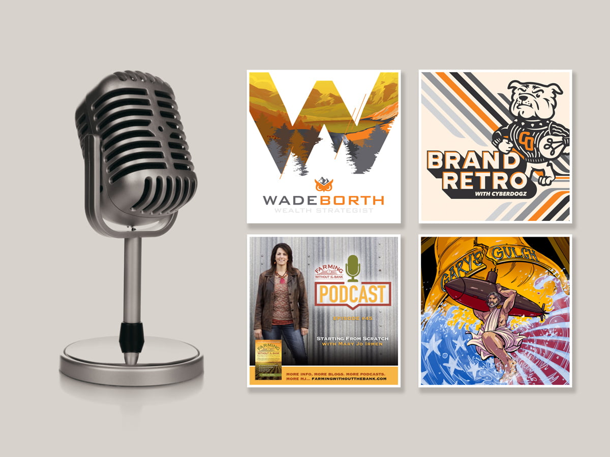 Cyberdogz_Portfolio_Custom_04 Vintage microphone with a collage of podcast and brand promotional posters.