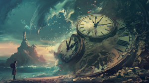 Person watching surreal scene with clocks and tidal wave, fantasy concept art.